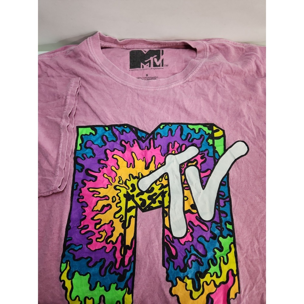 MTV Graphic T-Shirt Small Pink Tie Dye Drip Logo Short Sleeve Cotton Tee